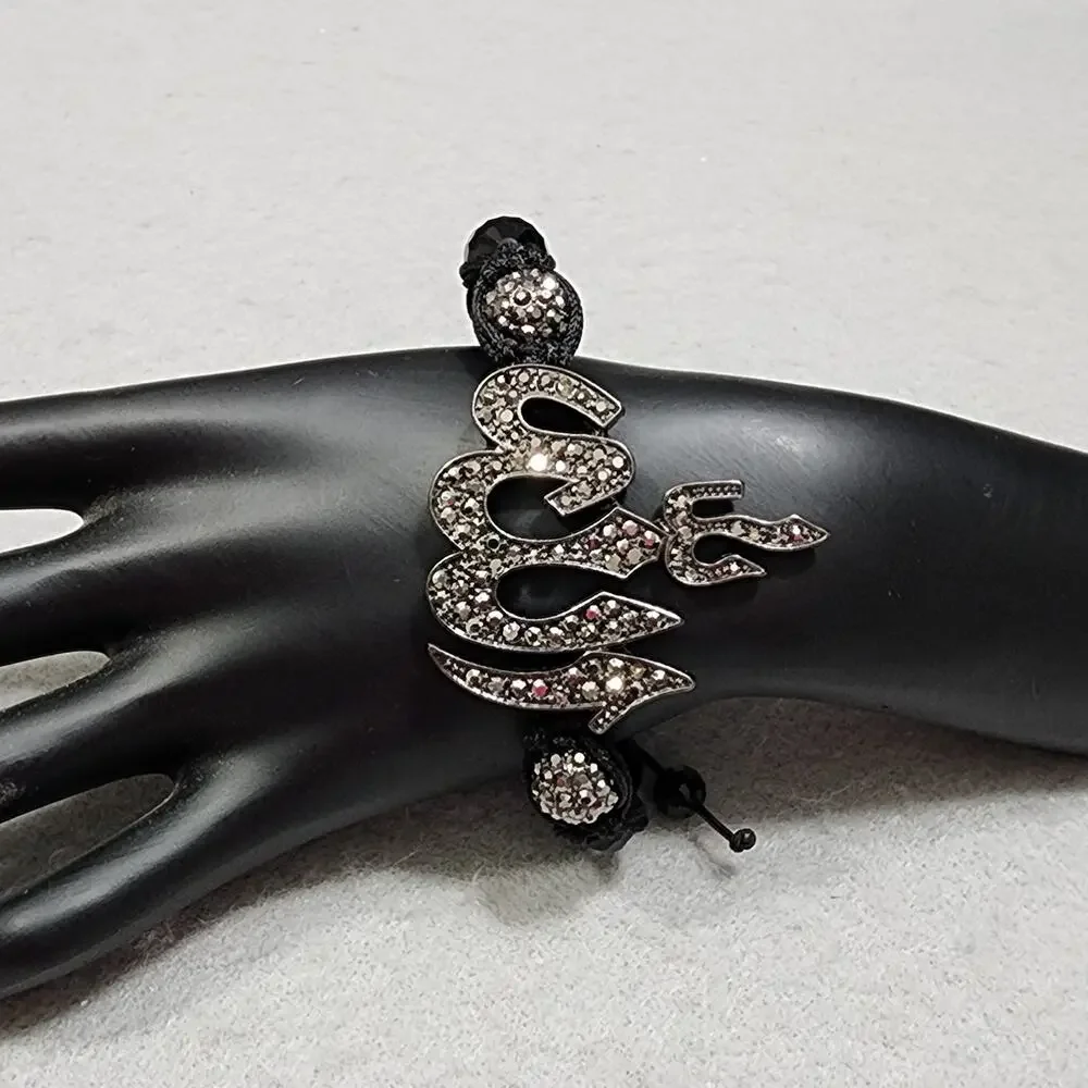 Black Braided Macrame Bracelet With QZ Rhinestone Encrusted Charm Symbol String